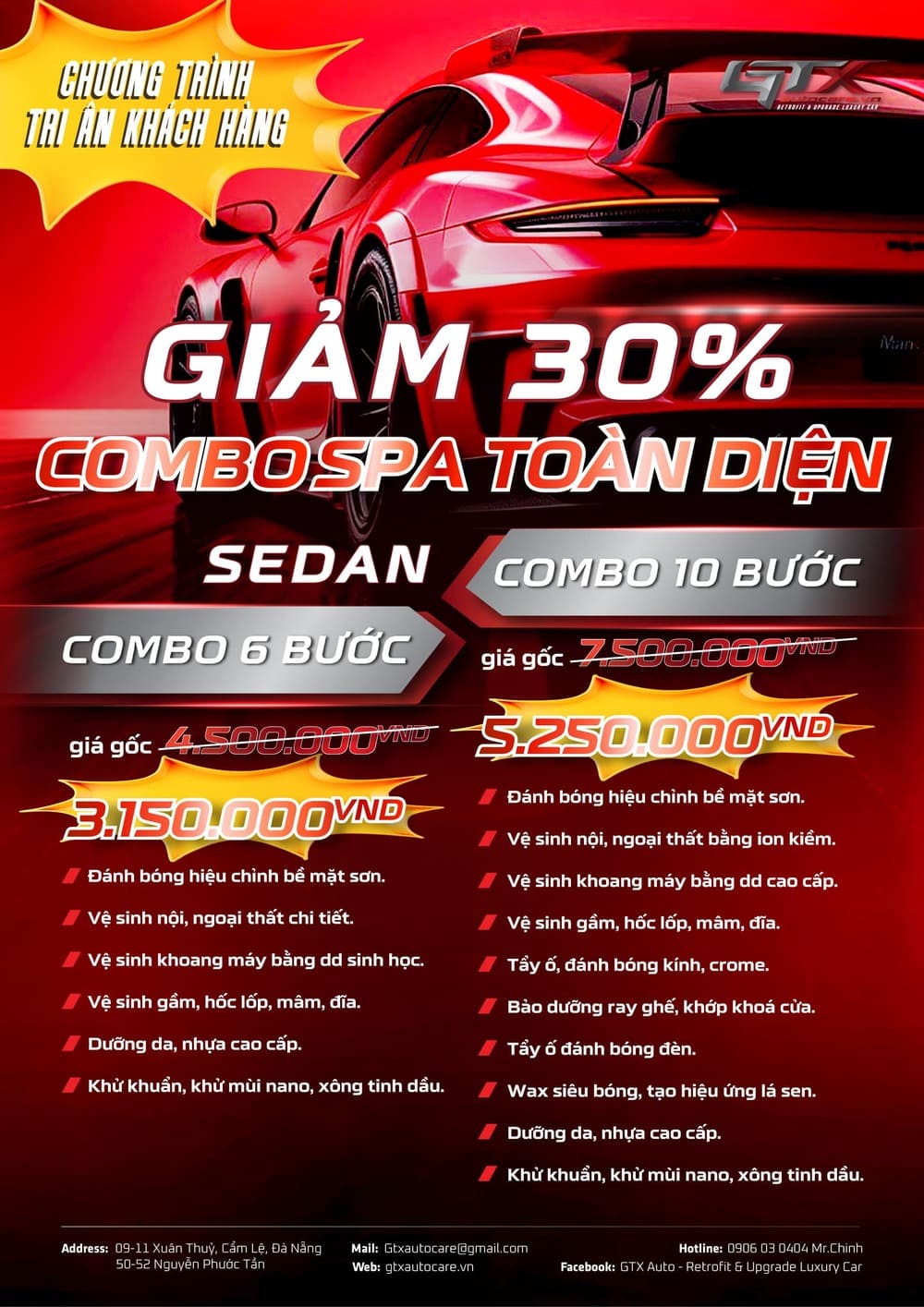 Bảng giá combo spa toàn diện cho xe SEDAN