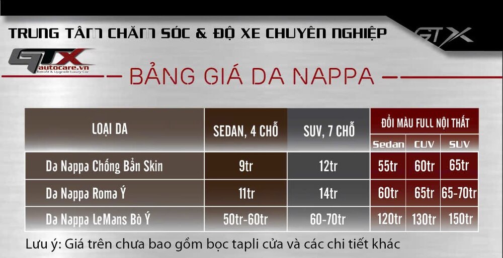 Bảng giá bọc ghế da cho xe ô tô tại GTX Auto Care
