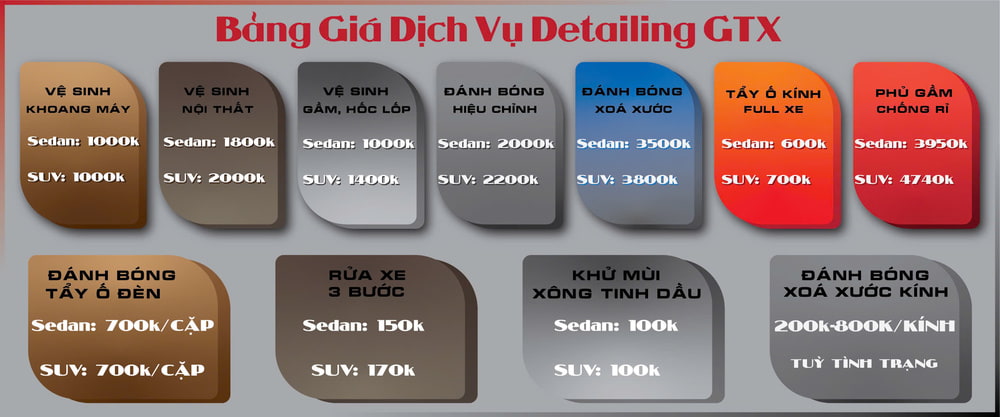 Bảng giá dịch vụ chăm sóc xe tại GTX