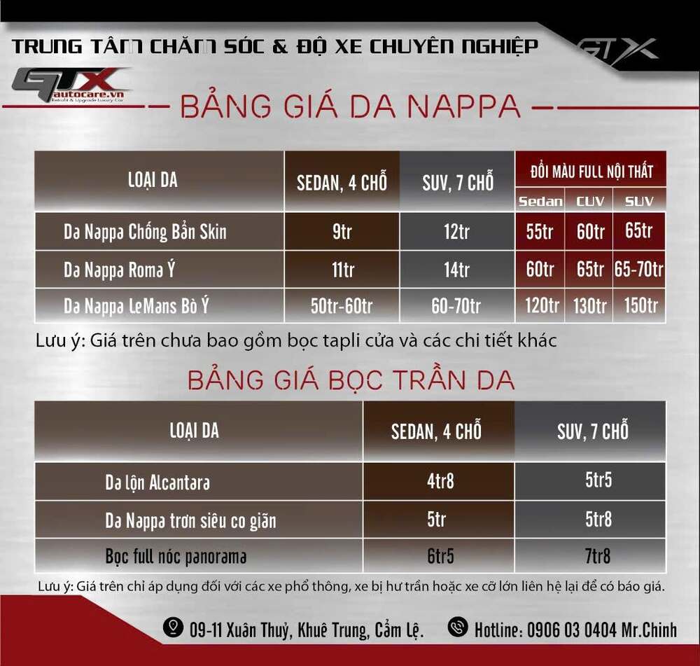 Bảng giá đổi màu nội thất Camry tại GTX Auto Care
