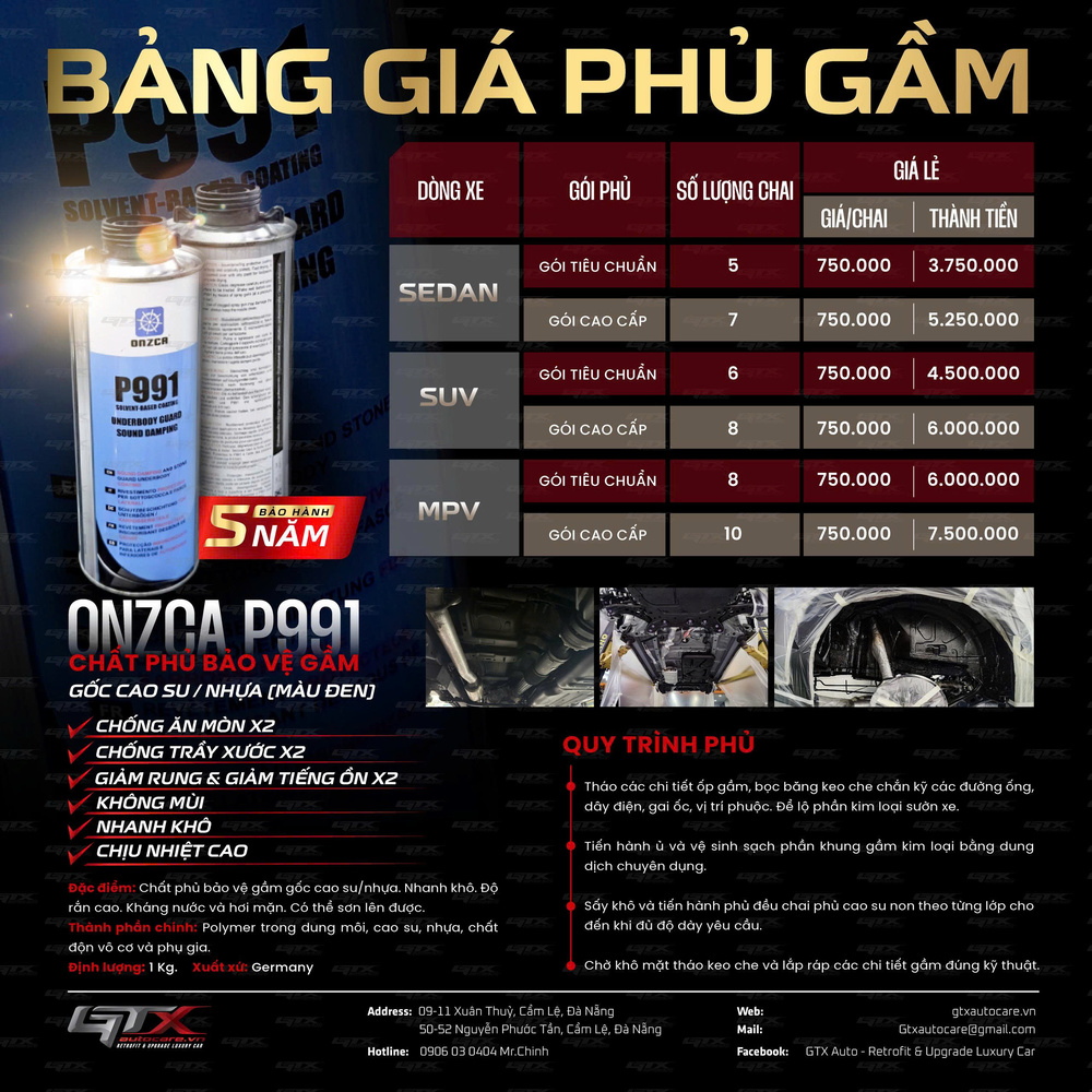 Bảng giá phủ gầm Onzca ô tô