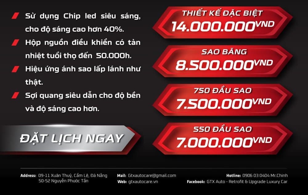 Bảng giá trần sao băng ô tô mới nhất tại GTX