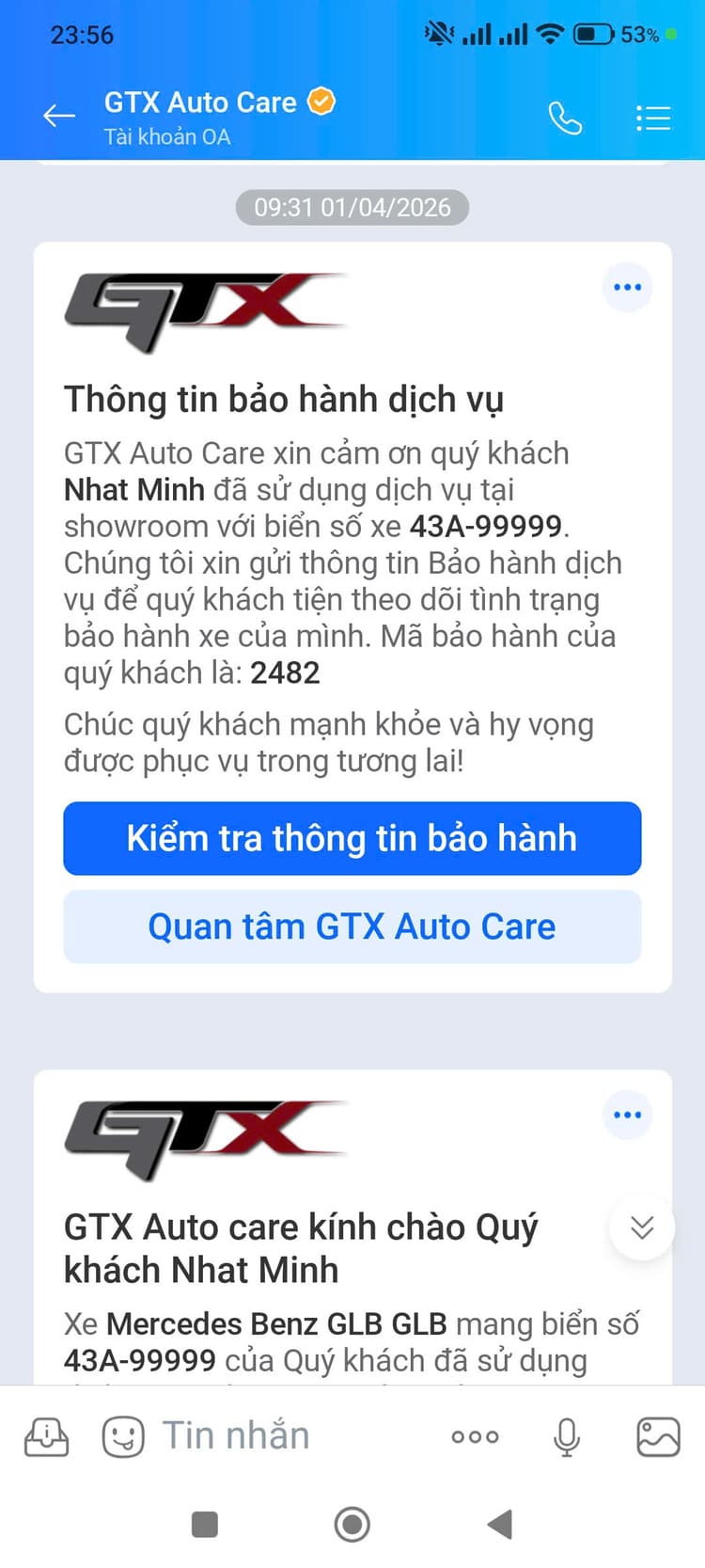 Tin nhắn bảo hành gửi về Zalo Khách hàng