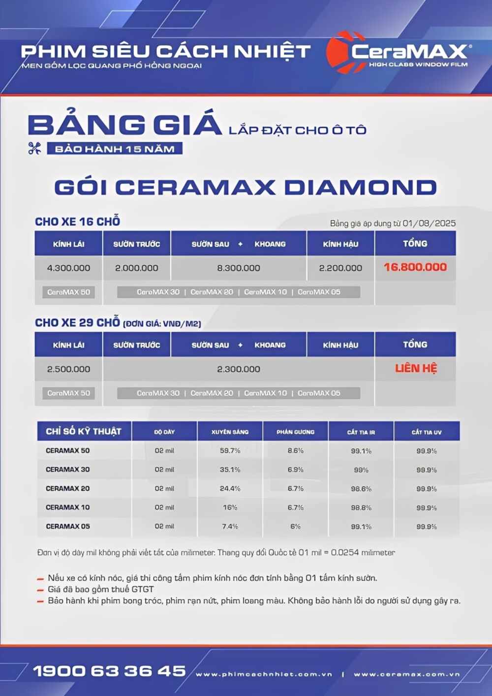 Bảng giá dán phim cách nhiệt Ceramax cho xe 16 chỗ, 29 chỗ