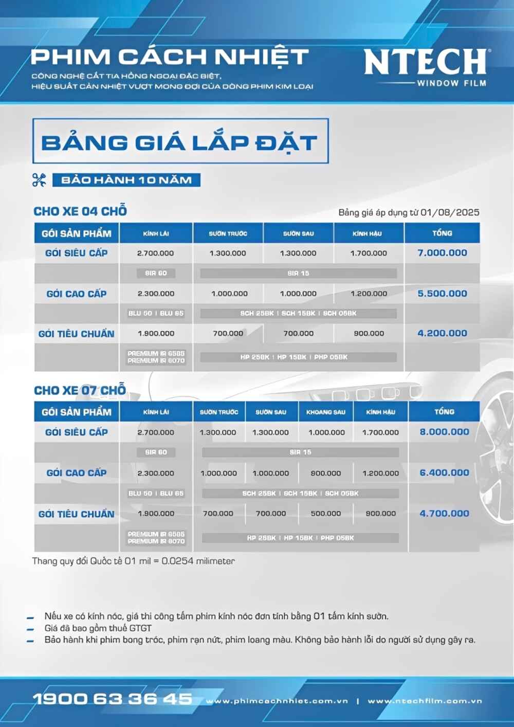 Bảng giá dán phim cách nhiệt Ntech cho xe 04 chỗ, 07 chỗ