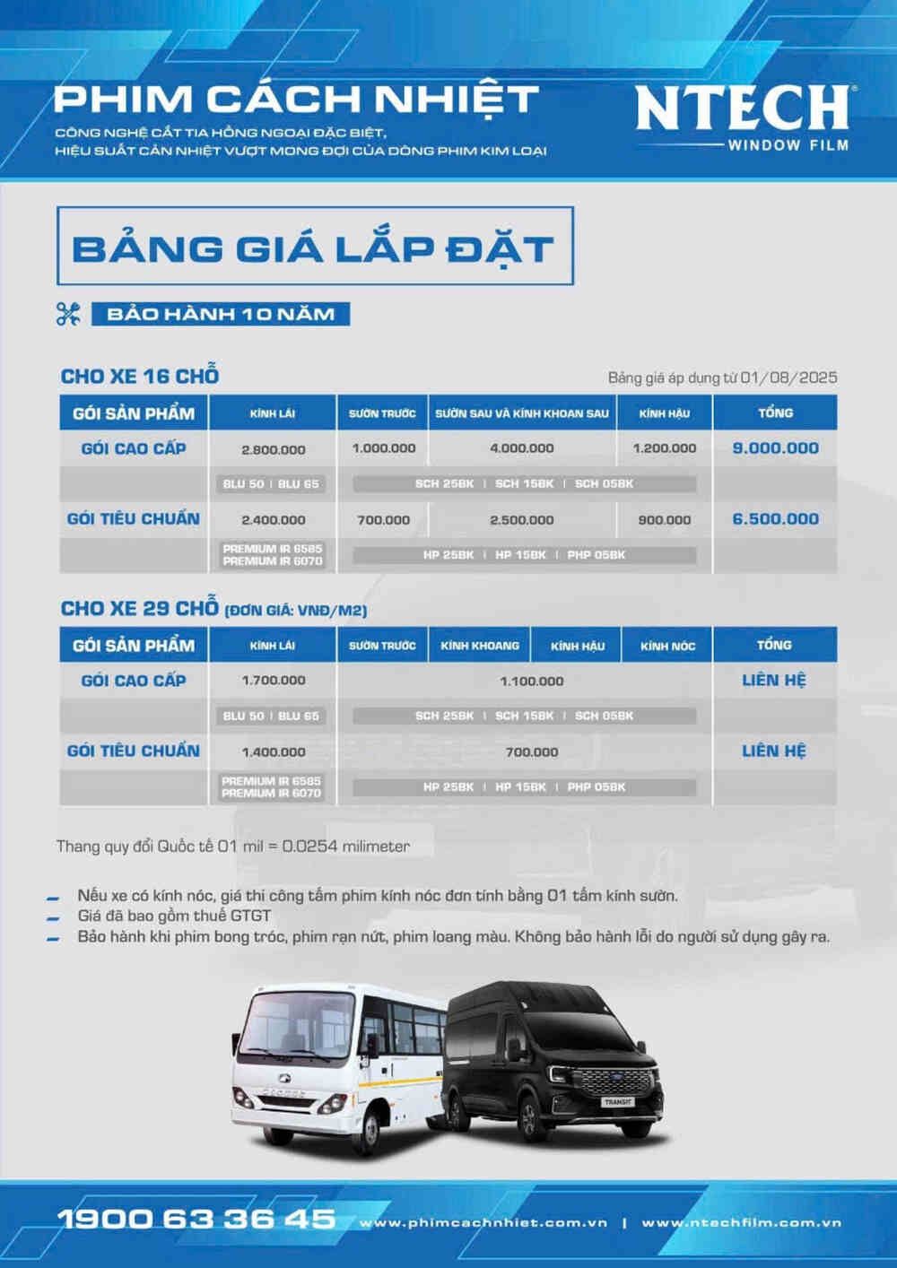 Bảng giá dán phim cách nhiệt Ntech cho xe 16 chỗ, 29 chỗ