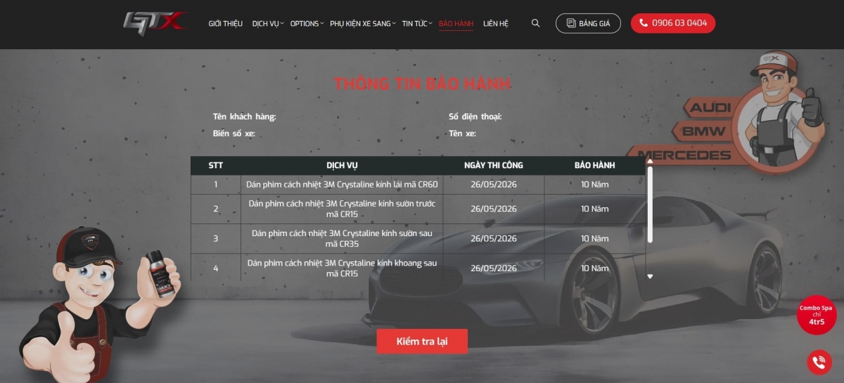 Thông tin bảo hành tại GTX Auto Care Đà Nẵng