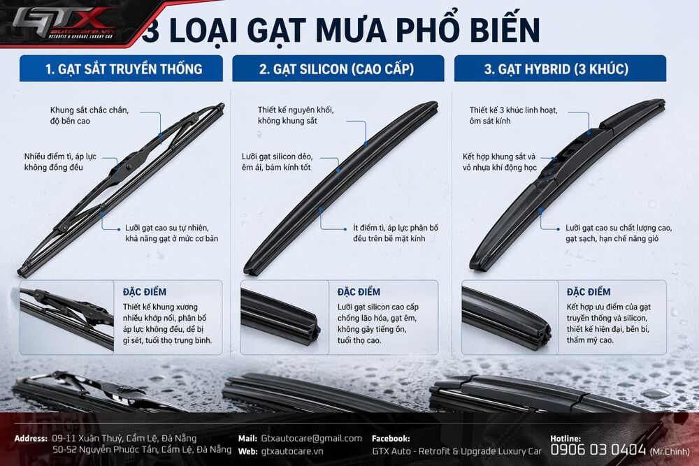 Minh họa cấu tạo của các dòng gạt mưa cho xe ô tô